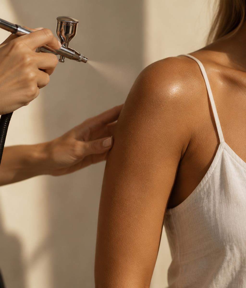 Detailed airbrush artistry during a custom spray tan